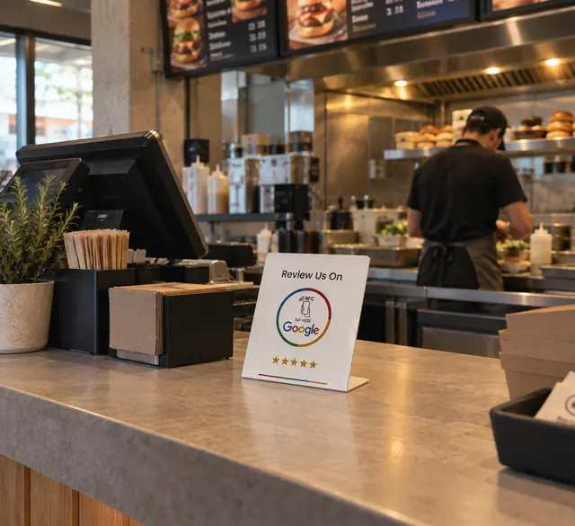 NFC stalak za Google recenzije na pultu burger bara pored blagajne