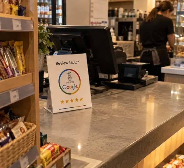 NFC stalak za Google recenzije na pultu kafića i delikatese