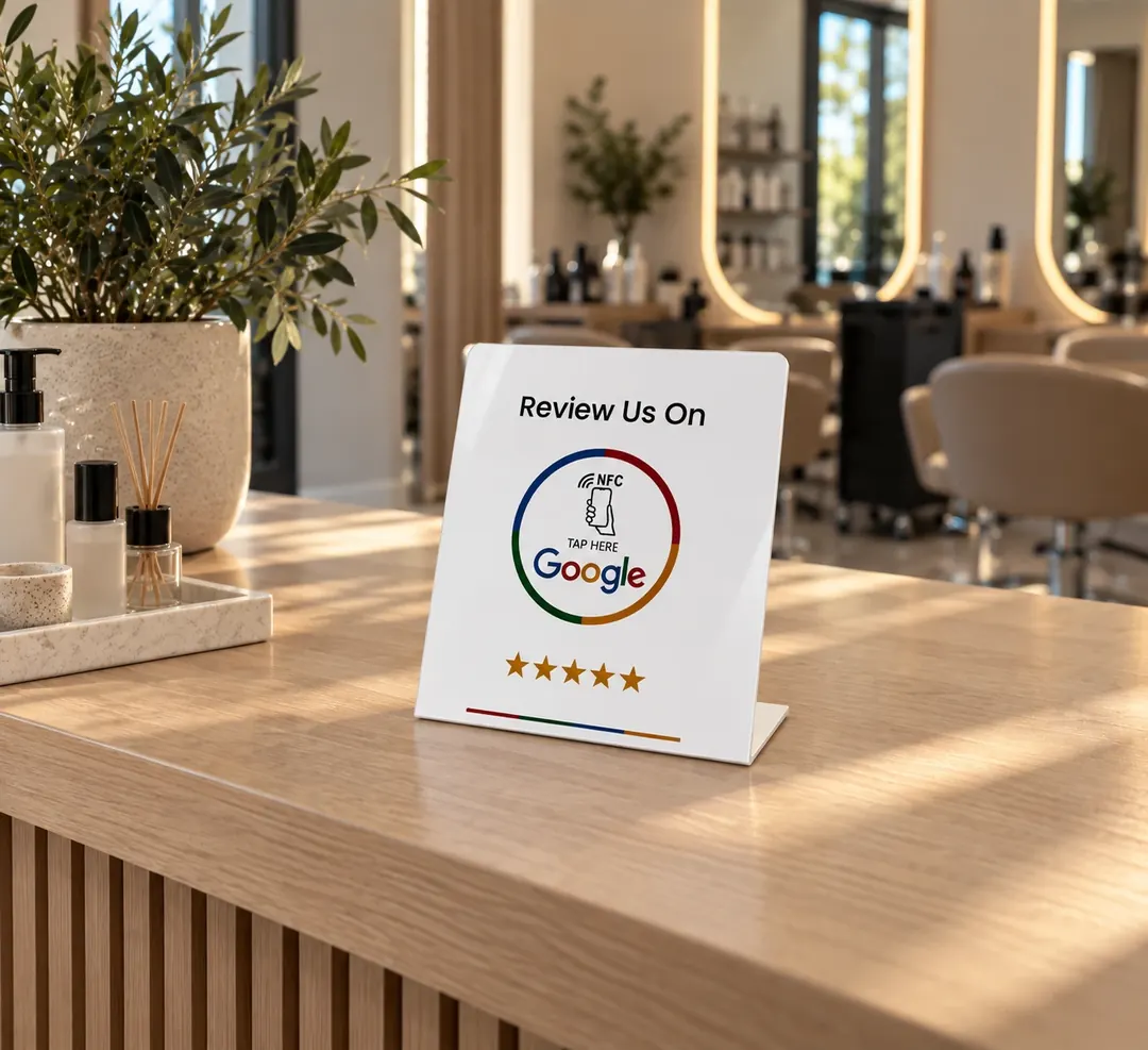 NFC stalak za Google recenzije na recepciji frizerskog salona
