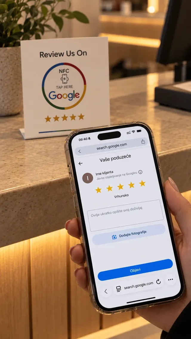 Gost prislanja mobitel na NFC stalak i otvara Google obrazac za recenziju